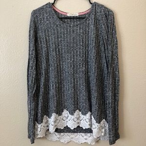 Grey Long Sleeve Shirt with Farmhouse Lace